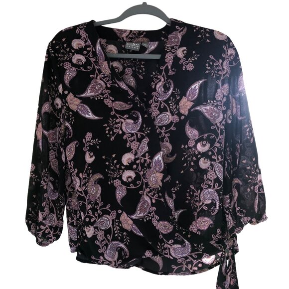 Soho New York & Company Jeans Womens Size Small Black Paisley Wrap Blouse Romant - Picture 1 of 11